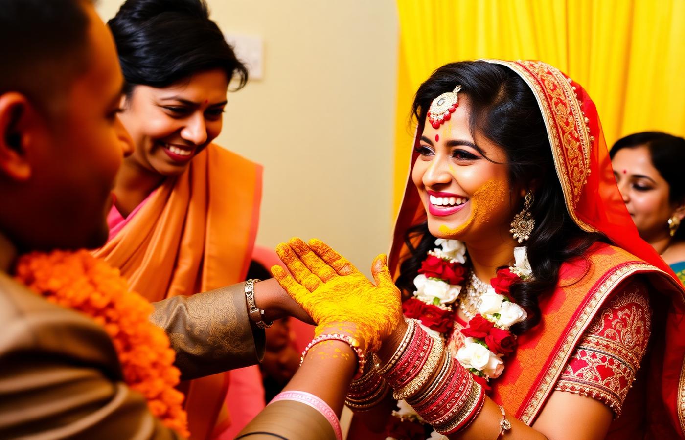 Haldi ceremony with turmeric and marigolds