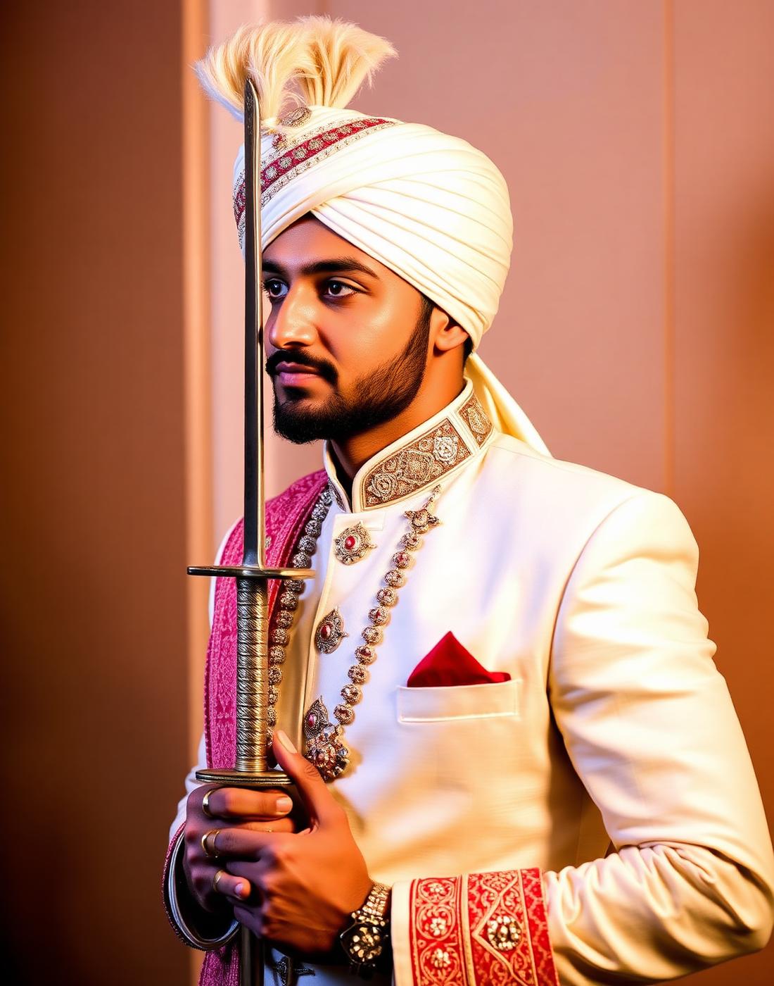 Groom in ivory sherwani and safa