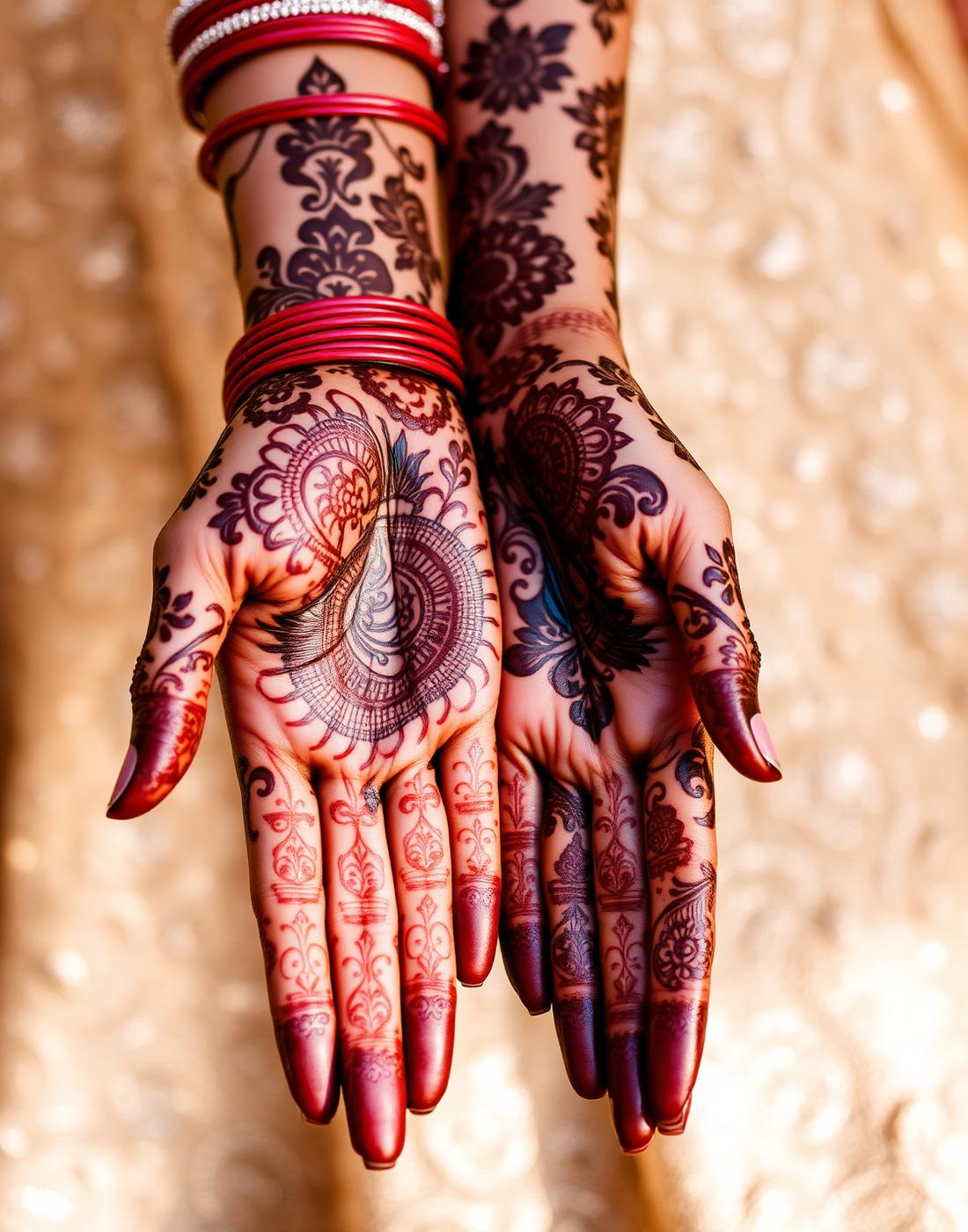 Intricate mehendi design on the bride's palms