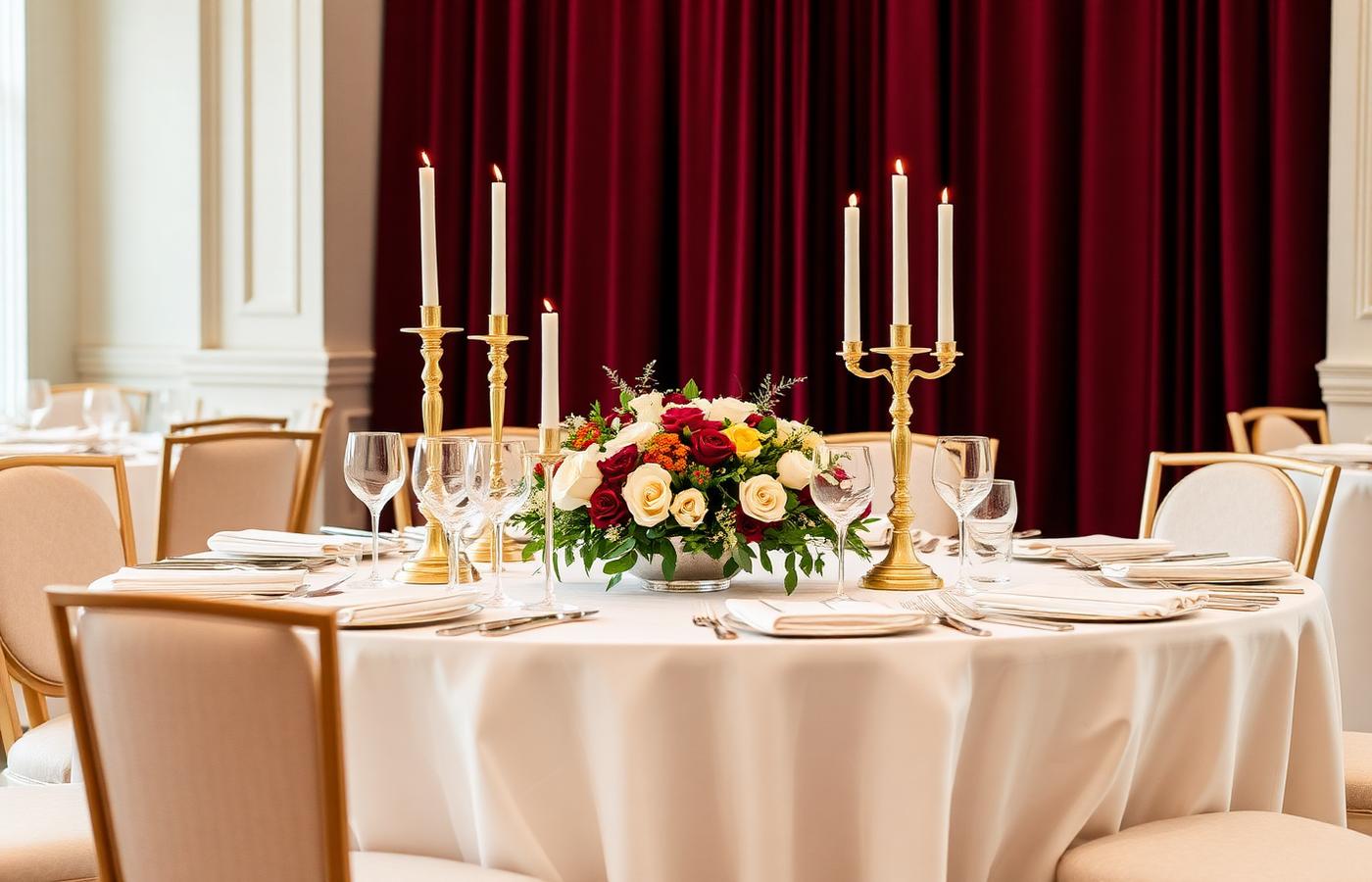 Reception table with candles and roses