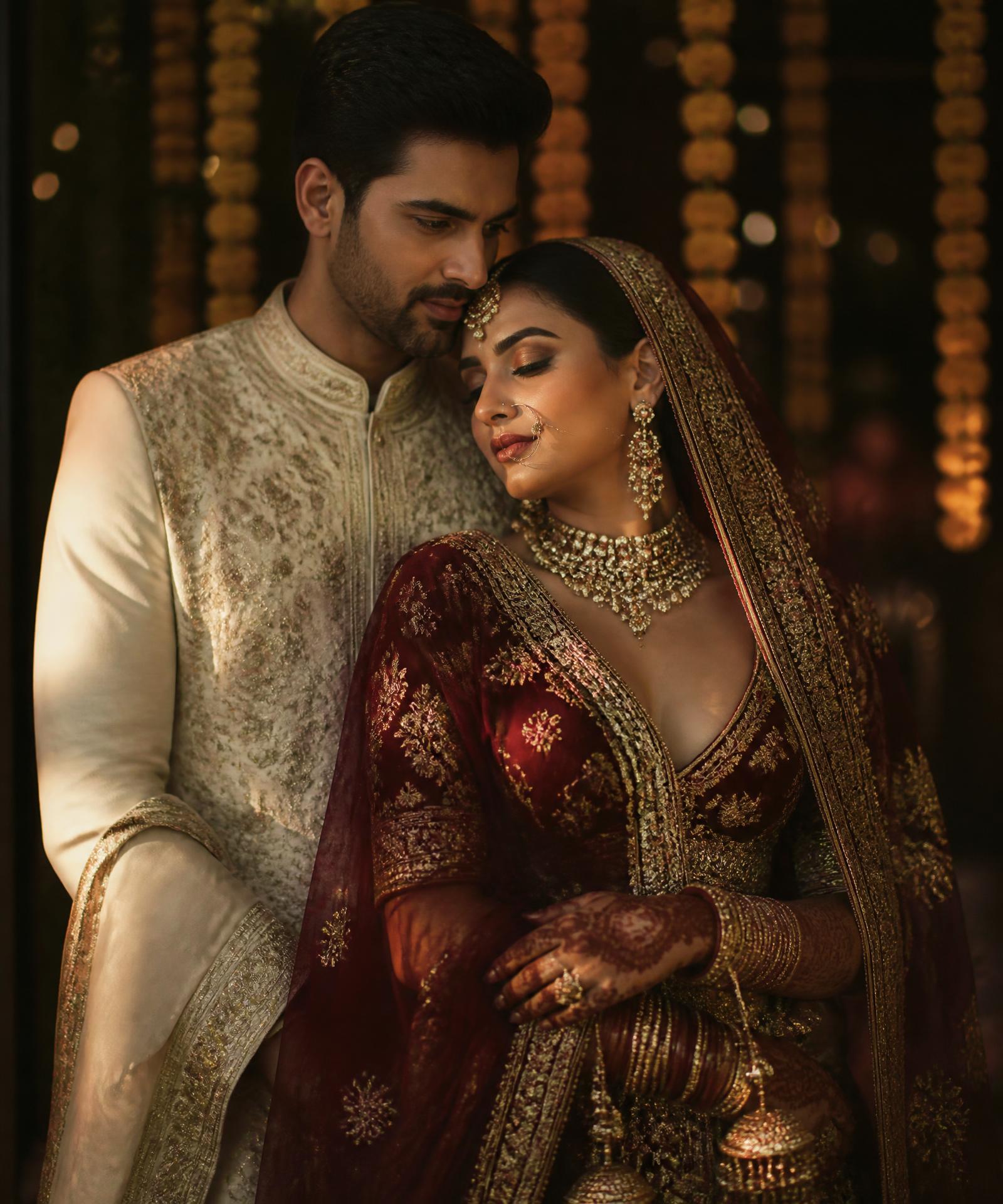 Aarav and Ishani in traditional Indian wedding attire